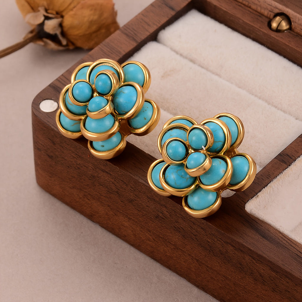 Boucles d'Oreilles Puces Fleur Turquoise