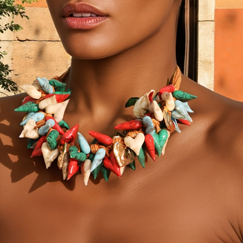 Collier Chunky Cœurs Colorés en Résine & Cordon Orange