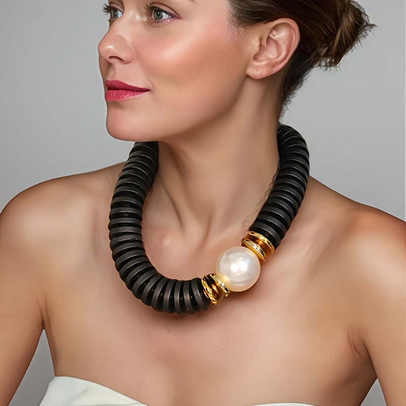 Collier Statement Bois Marron Café & Perle Maxi