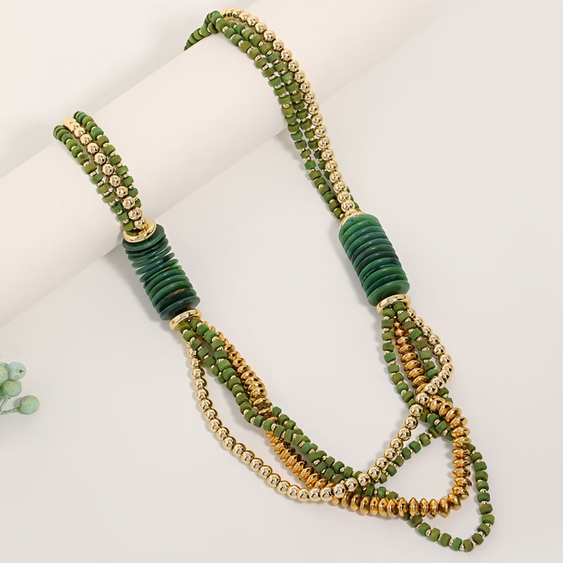 Collier Bohème Multirangs Perles Vertes & Tubes en Bois