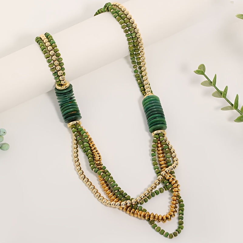 Collier Bohème Multirangs Perles Vertes & Tubes en Bois