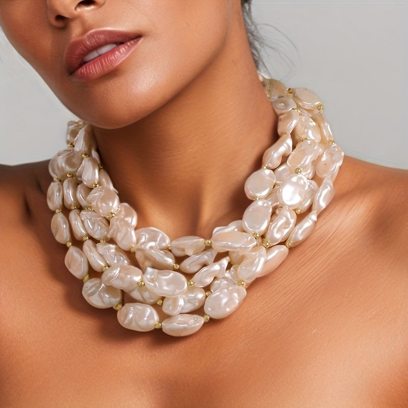 Collier Élégant Multirangs Perles Baroques Blanc Cassé