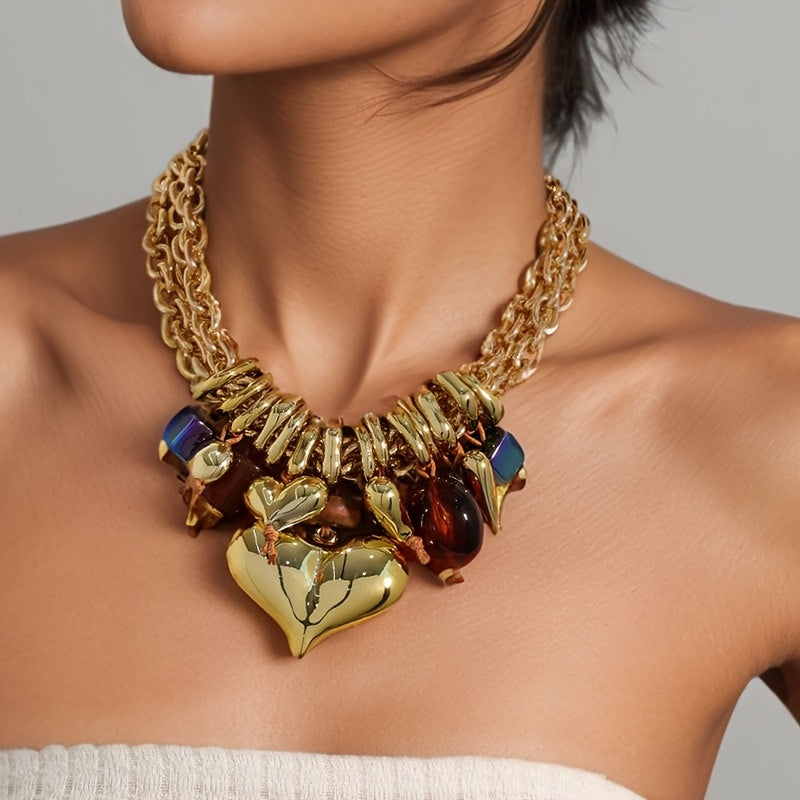 Collier Chaîne Dorée à Pierres Multicolores et Pendentif Cœur