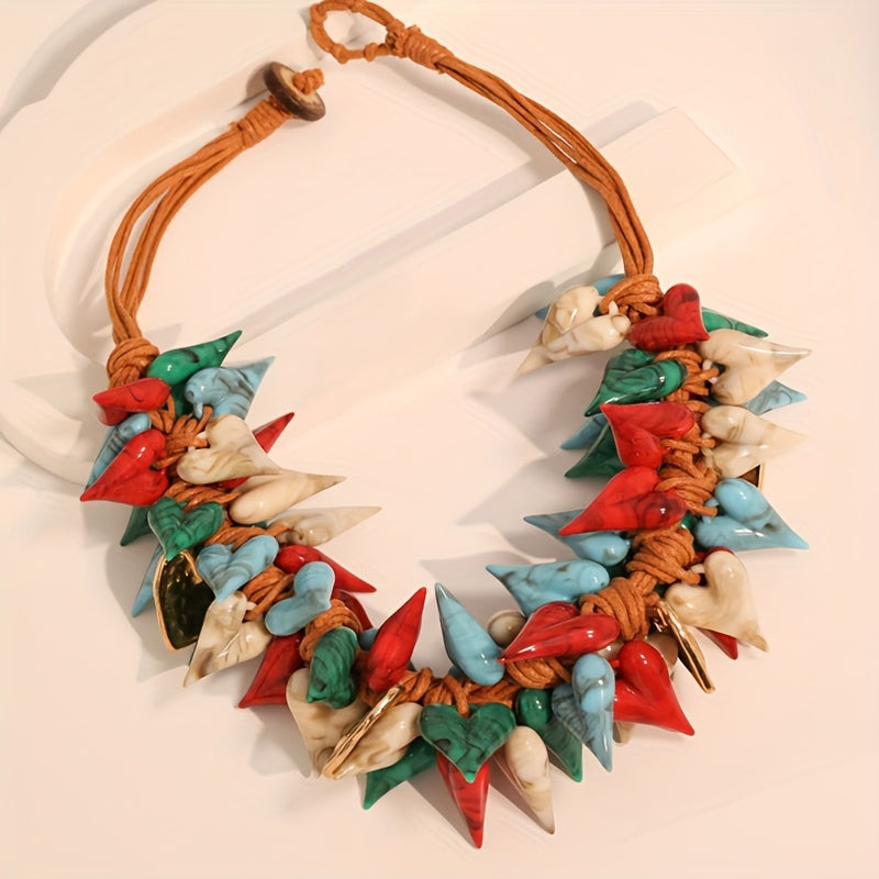 Collier Chunky Cœurs Colorés en Résine & Cordon Orange