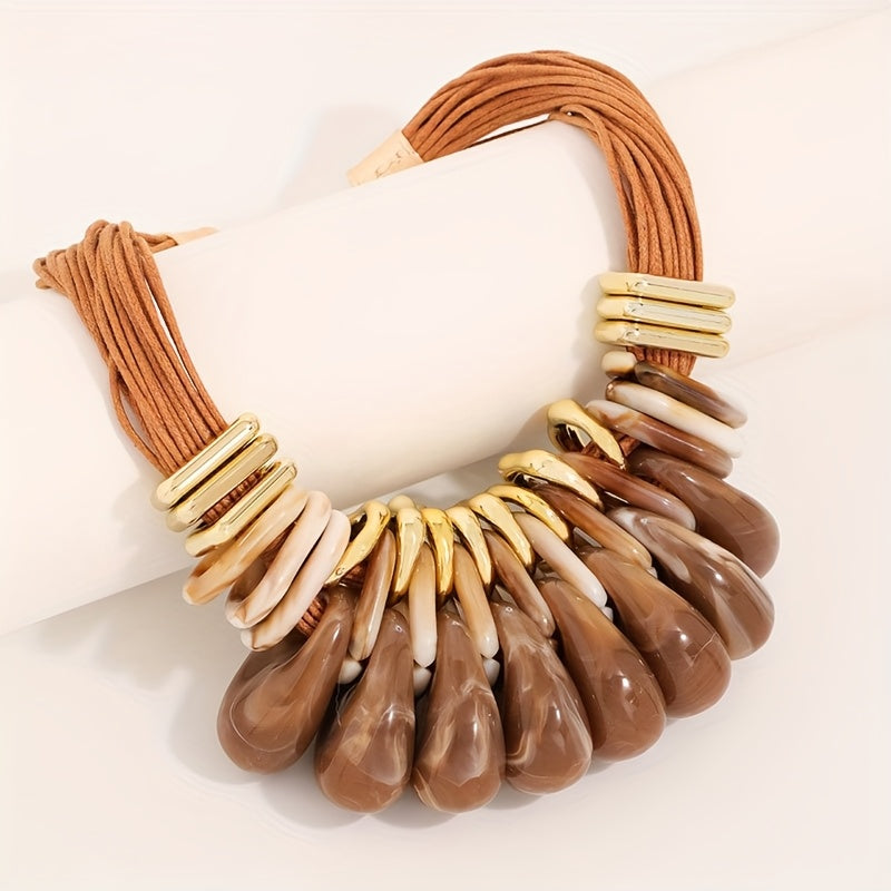 Collier Chunky Cordon Marron & Gouttes Géométriques Caramel