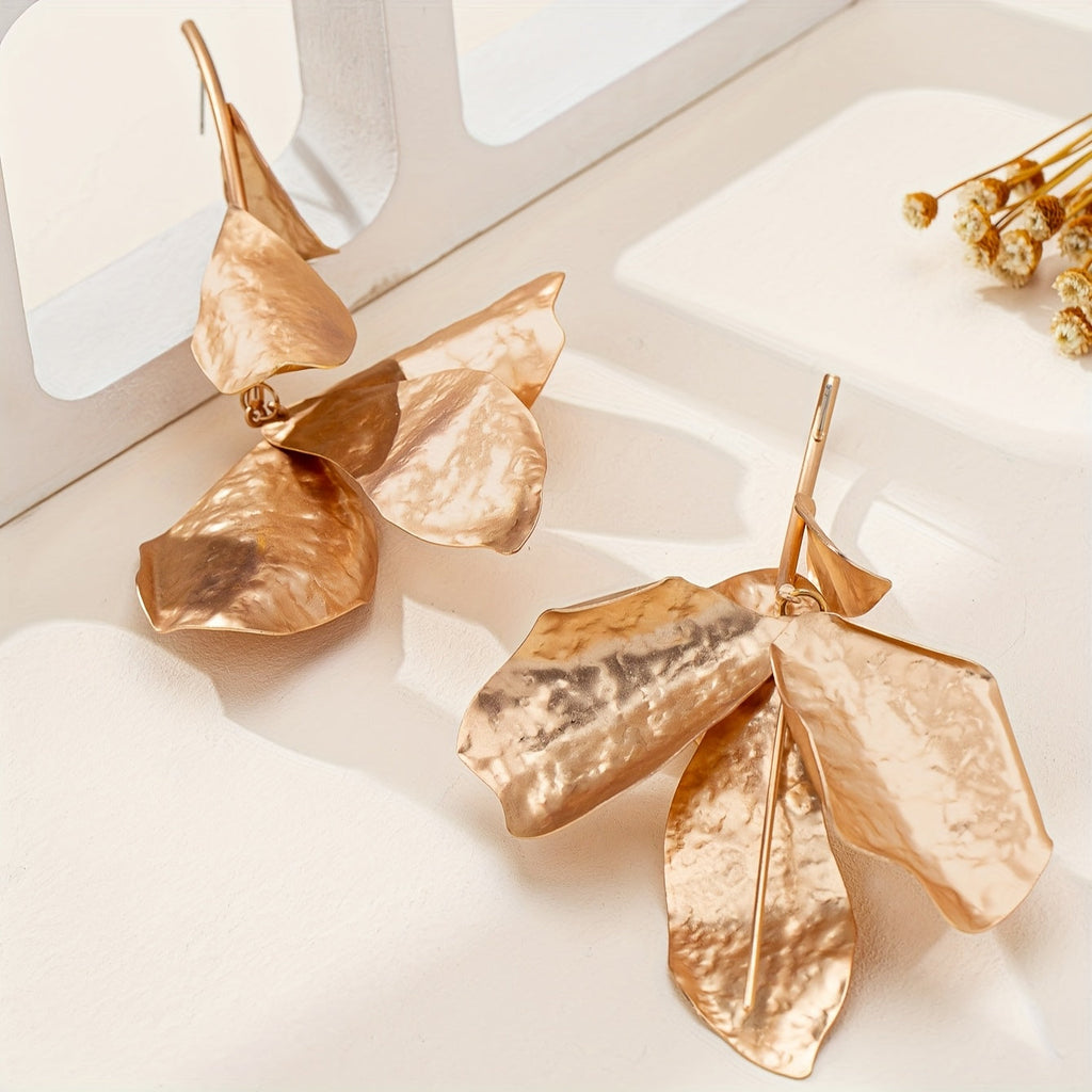 Boucles d'Oreilles Pendantes Feuilles Florales Dorées