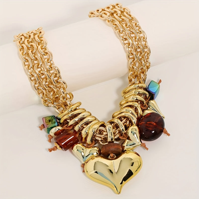 Collier Chaîne Dorée à Pierres Multicolores et Pendentif Cœur