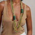 Collier Bohème Multirangs Perles Vertes & Tubes en Bois