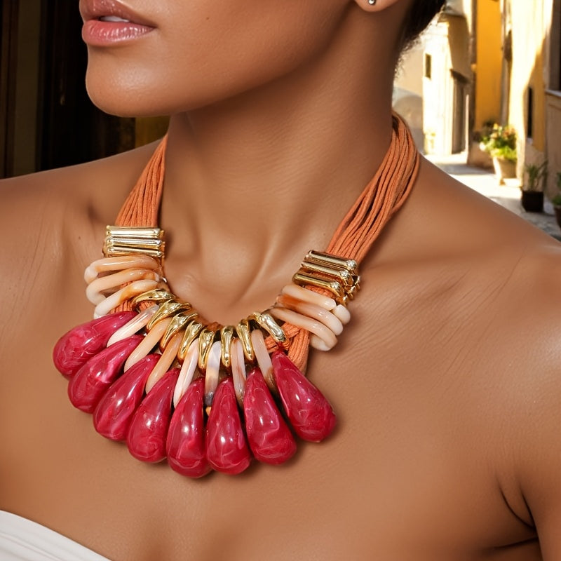 Collier Chunky Cordon Marron & Gouttes Géométriques Caramel
