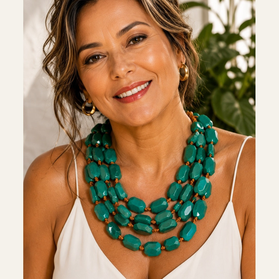 Collier Bohème Multirangs à Pierres Géométriques Vert Émeraude