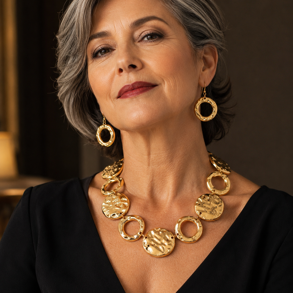 Parure Collier et Boucles d'Oreilles Cercles Dorés Texturés