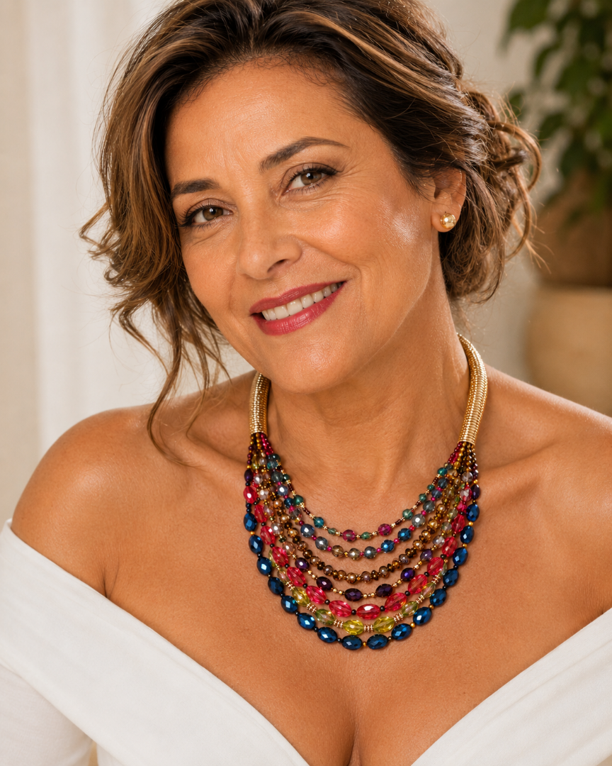 Collier Luxe Multirangs en Cristaux Multicolores