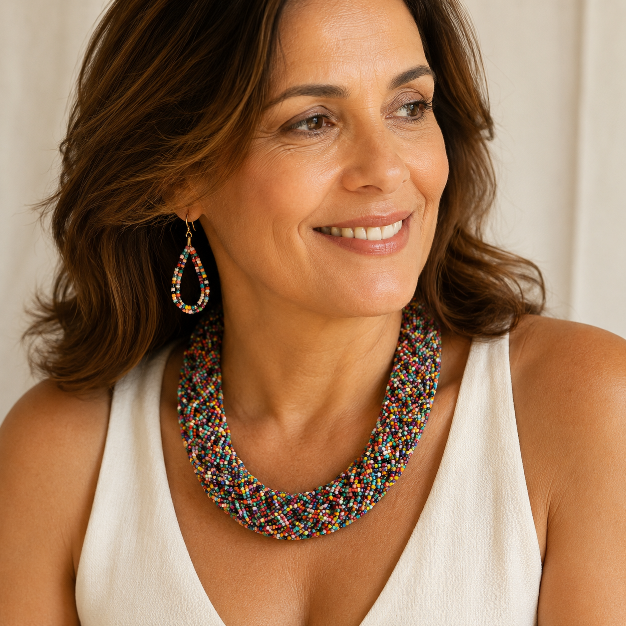 Parure Bohème Collier et Boucles d'Oreilles en Perles de Verre Multicolores