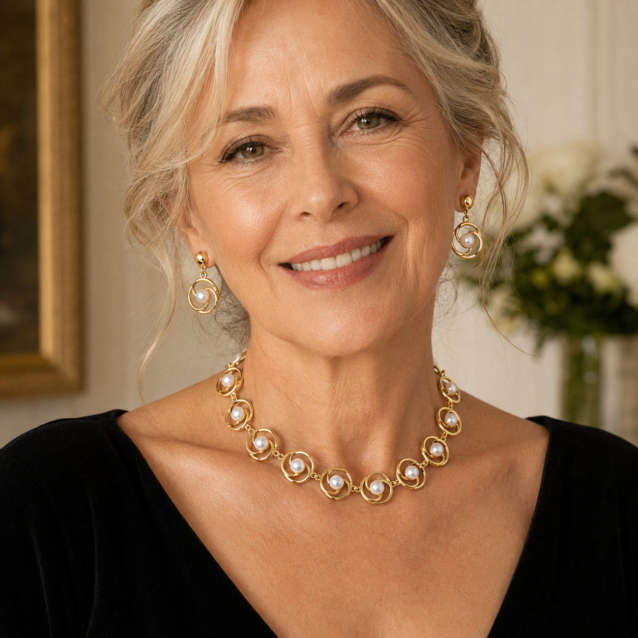 Parure Élégante Collier et Boucles d'Oreilles Spirales Dorées et Perles