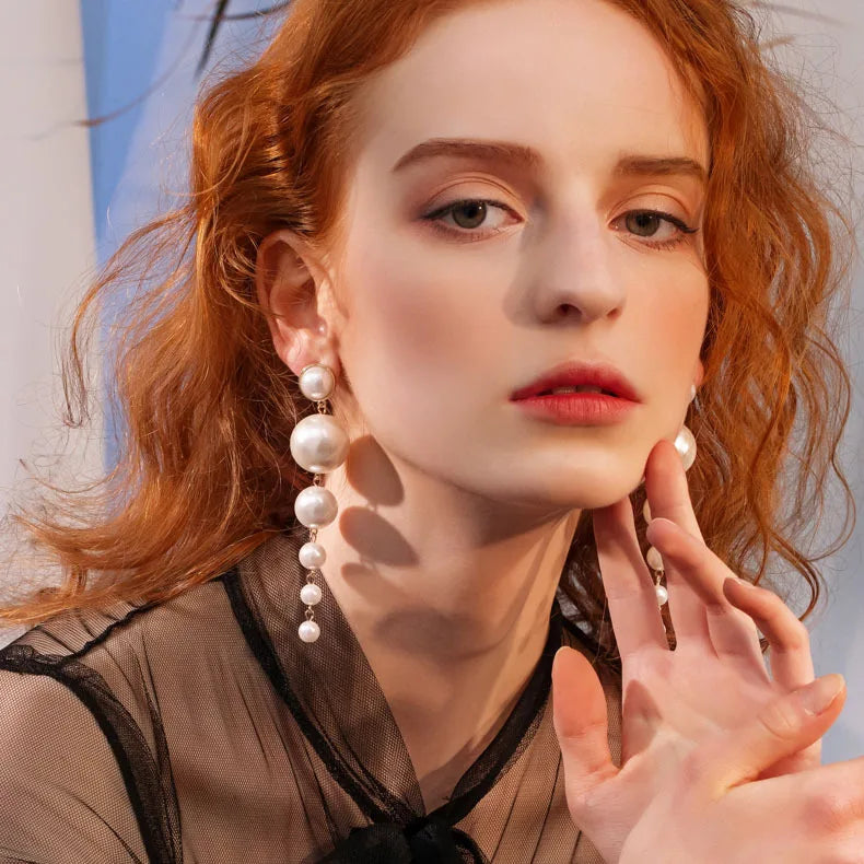 Boucles d'Oreilles Longues Maxi Perles Clip-On