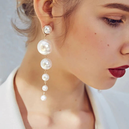 Boucles d'Oreilles Longues Maxi Perles Clip-On