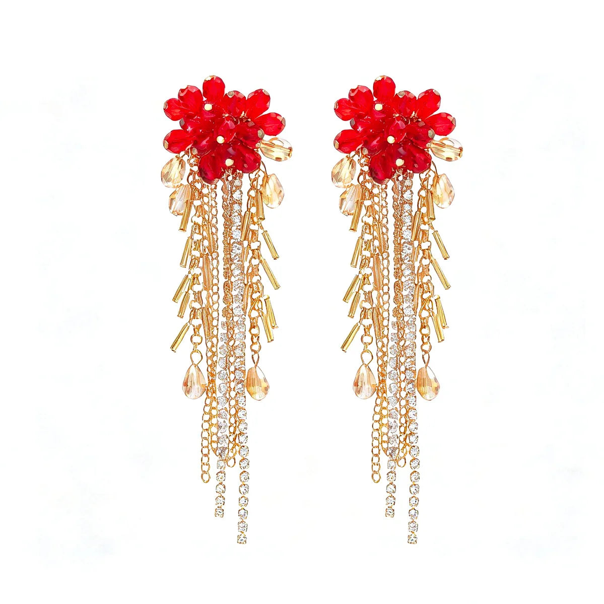 Boucles d’Oreilles Cascade Dorée aux Cristaux Bleus et Franges