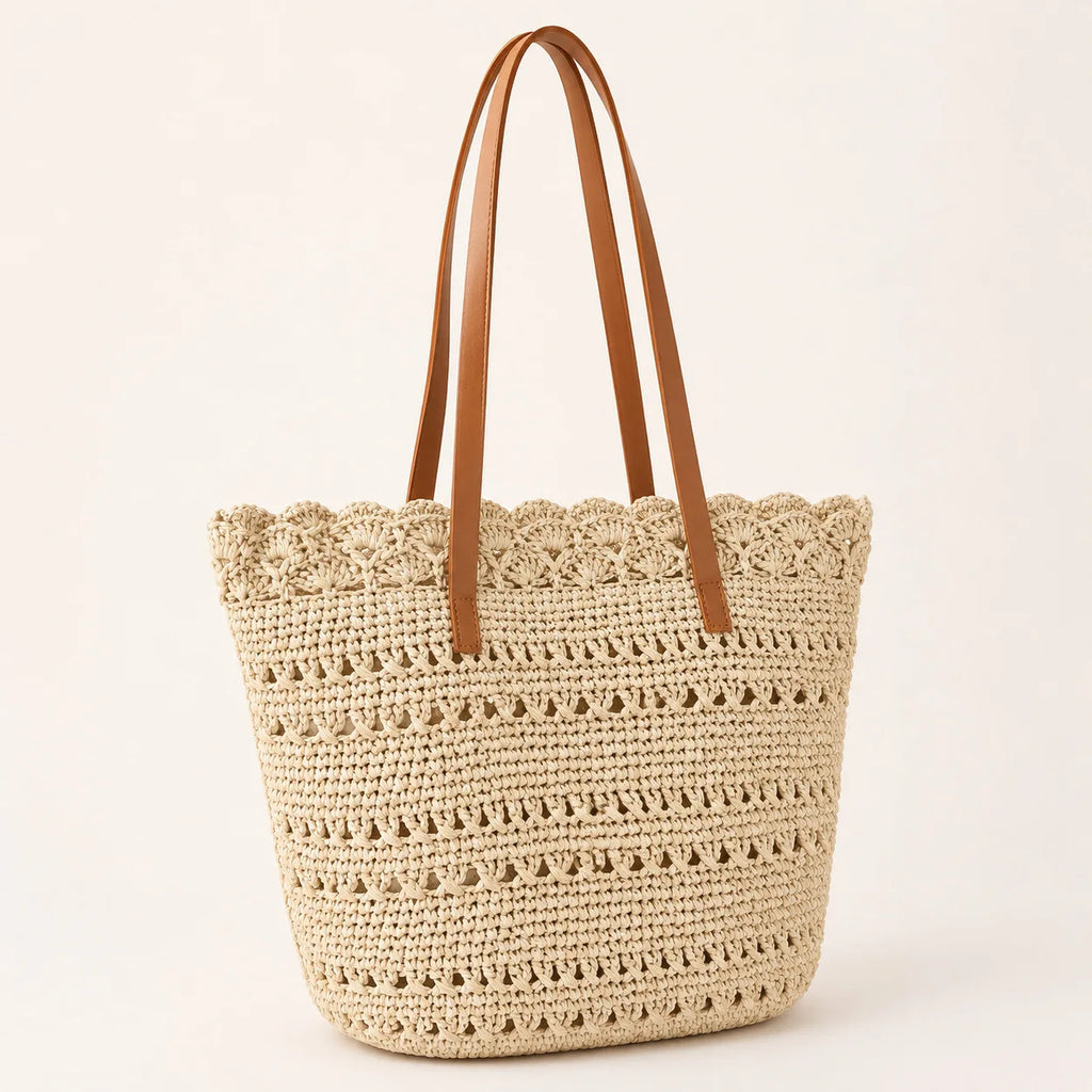 Sac Cabas Tressé Beige à Épaules