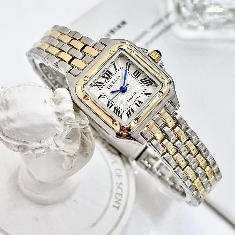 Montre Femme Rectangulaire Bicolore à Chiffres Romains
