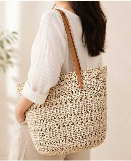 Sac Cabas Tressé Beige à Épaules