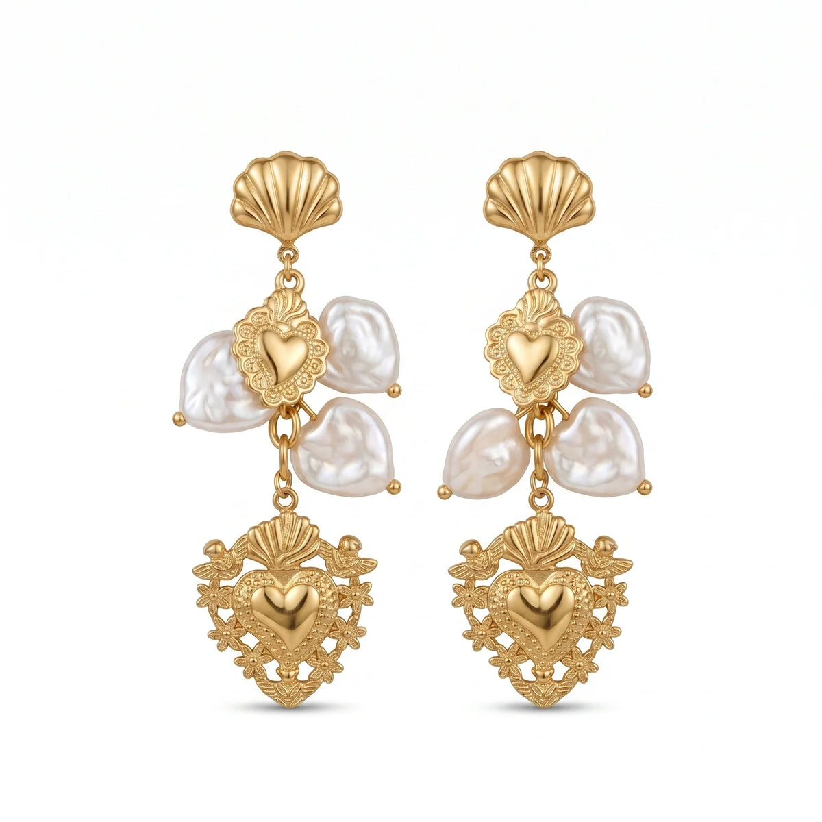 Boucles d’Oreilles Dorées aux Perles Baroques et Cœurs