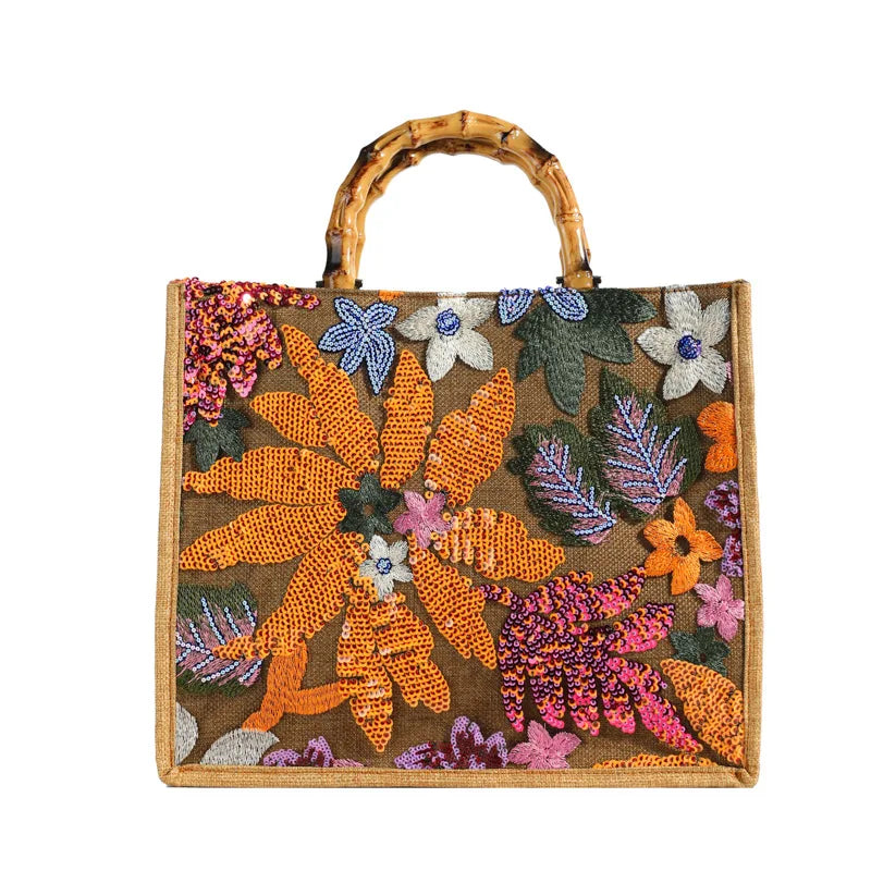 Sac Cabas Brodé aux Sequins et Motifs Floraux