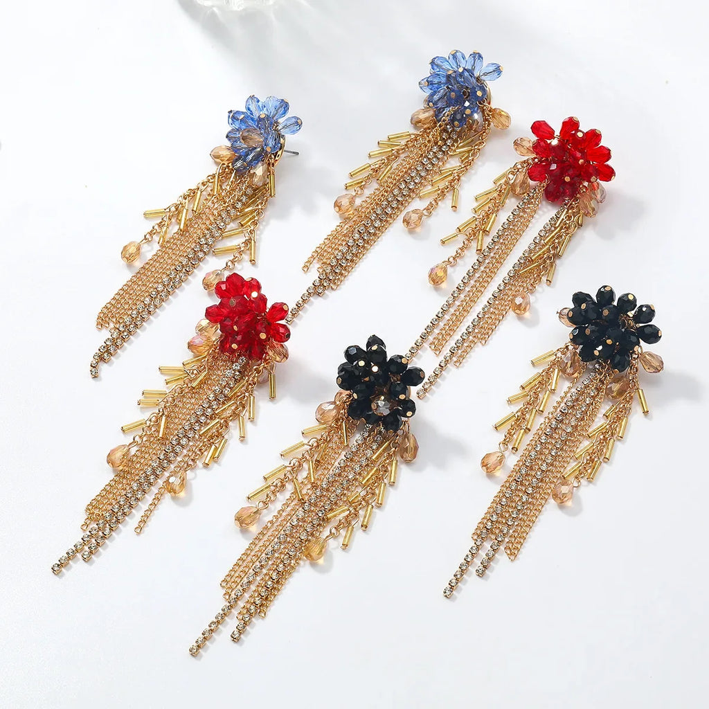 Boucles d’Oreilles Cascade Dorée aux Cristaux Bleus et Franges