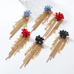 Boucles d’Oreilles Cascade Dorée aux Cristaux Bleus et Franges
