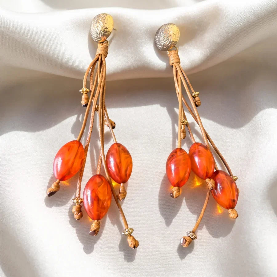 Boucles d’Oreilles Dorées aux Pierres Ambre et Fils Artisanaux