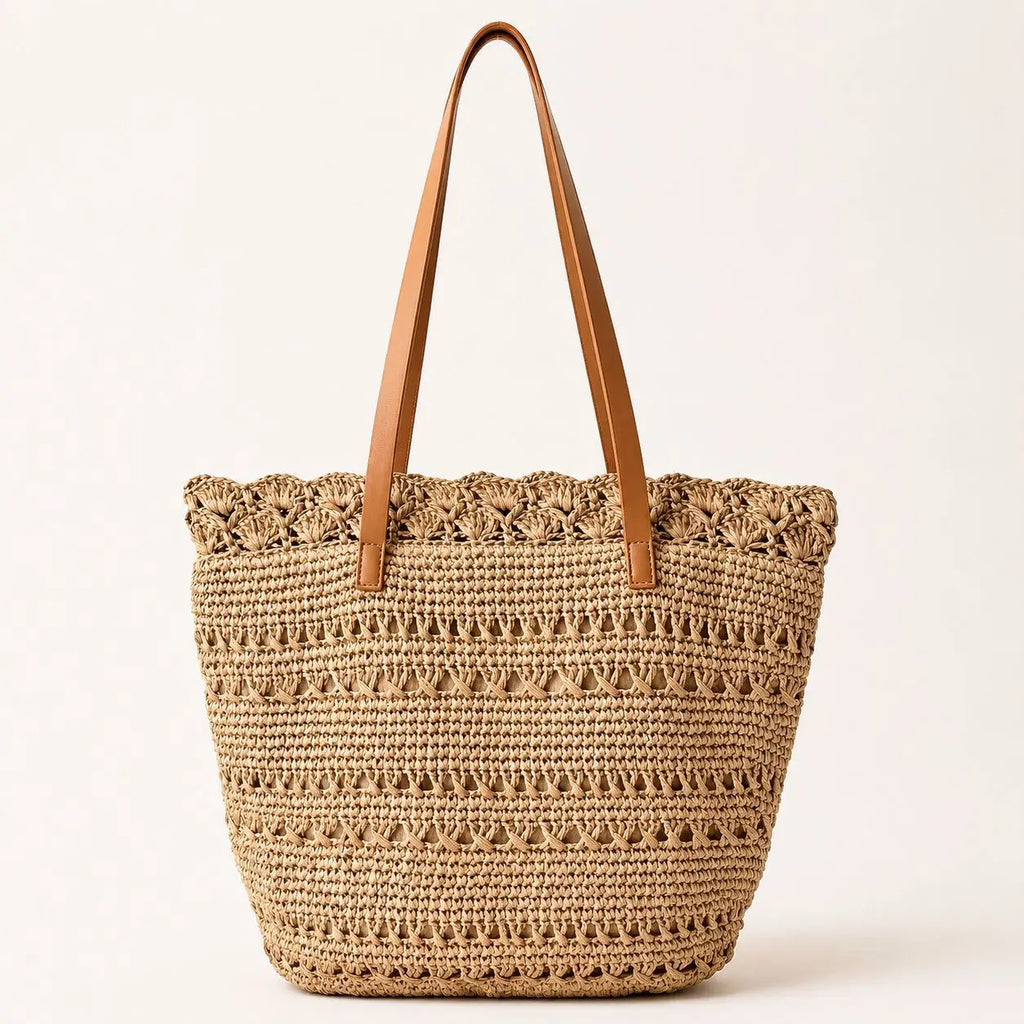Sac Cabas Tressé Beige à Épaules