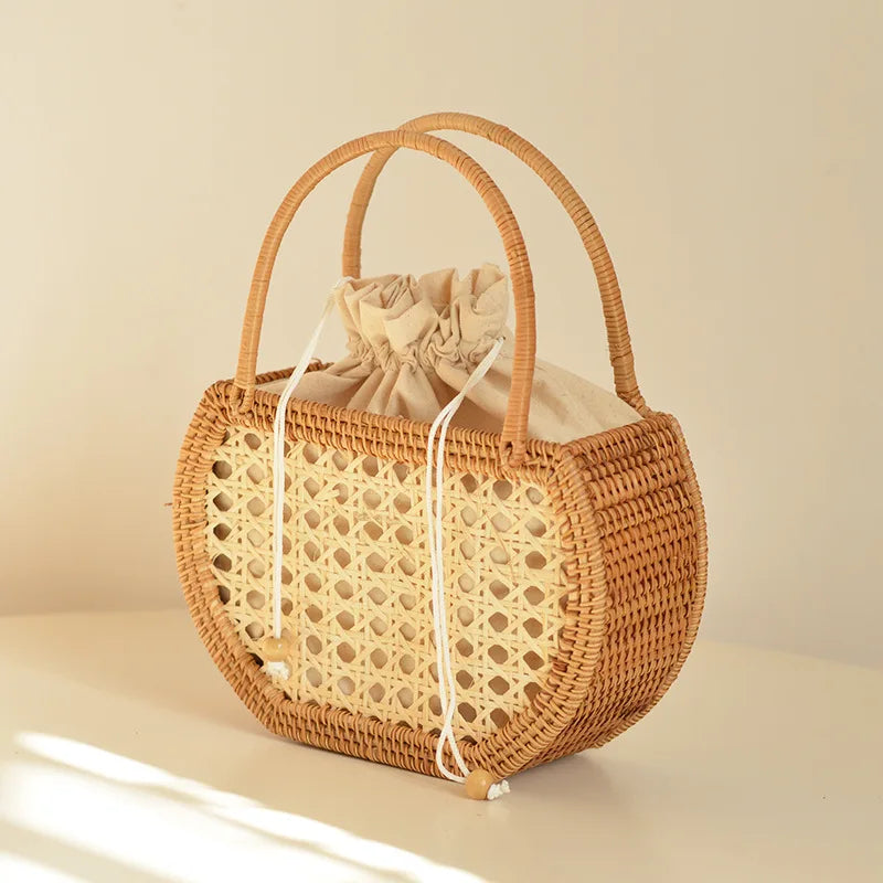 Sac à Main en Paille Tressée avec Fermeture à Cordon