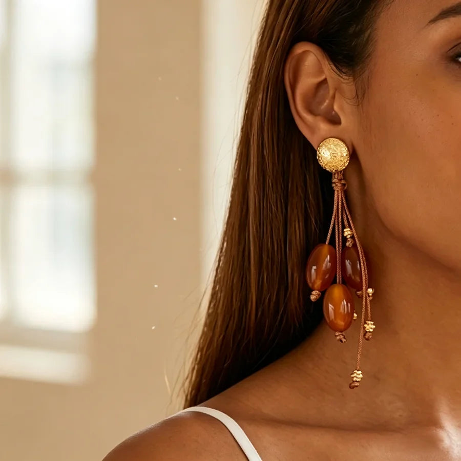 Boucles d’Oreilles Dorées aux Pierres Ambre et Fils Artisanaux