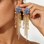 Boucles d’Oreilles Cascade Dorée aux Cristaux Bleus et Franges