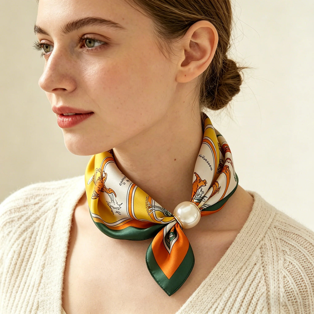 Foulard Carré Imprimé avec Anneau Perlé