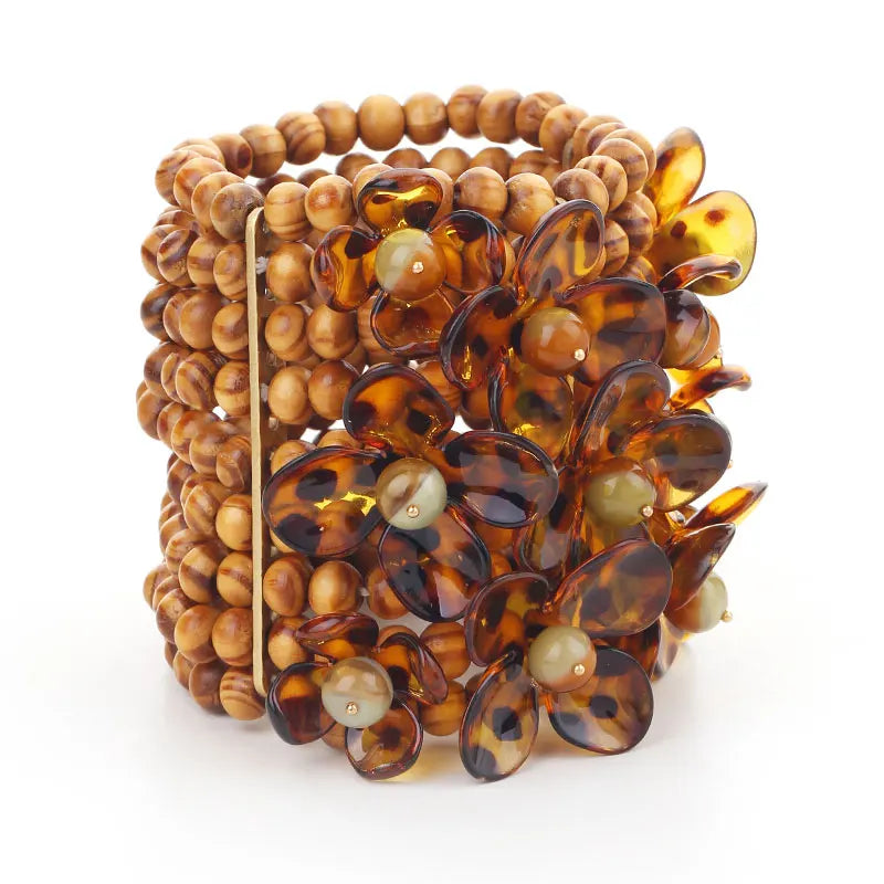 Maxi bracelet artisanal en bois et fleurs en résine