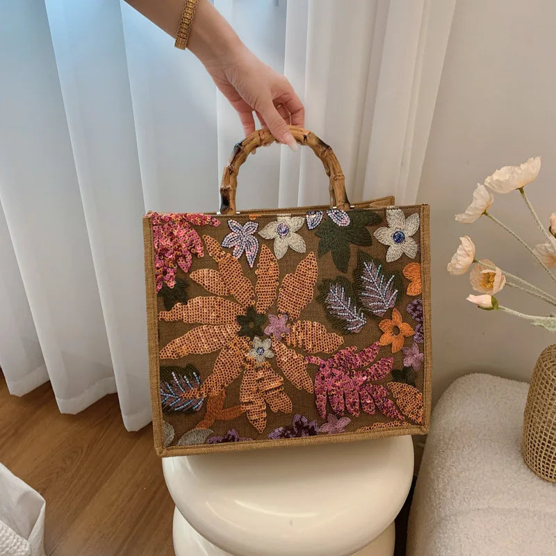 Sac Cabas Brodé aux Sequins et Motifs Floraux