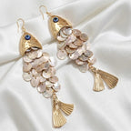 Boucles d’Oreilles Maxi Dorées avec Nacre et Pendentif Organique