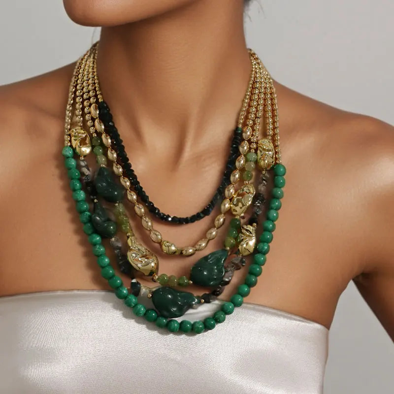 Collier Bohème Multirangs Pierres Vertes | By Mireva