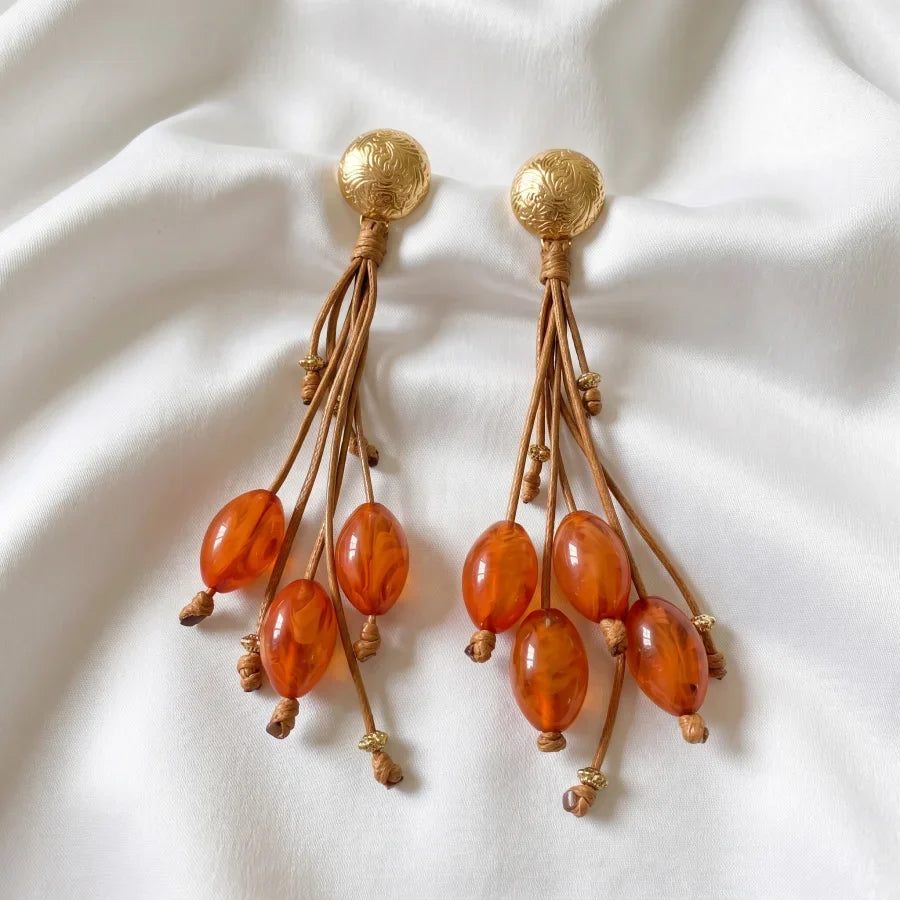 Boucles d’Oreilles Dorées aux Pierres Ambre et Fils Artisanaux