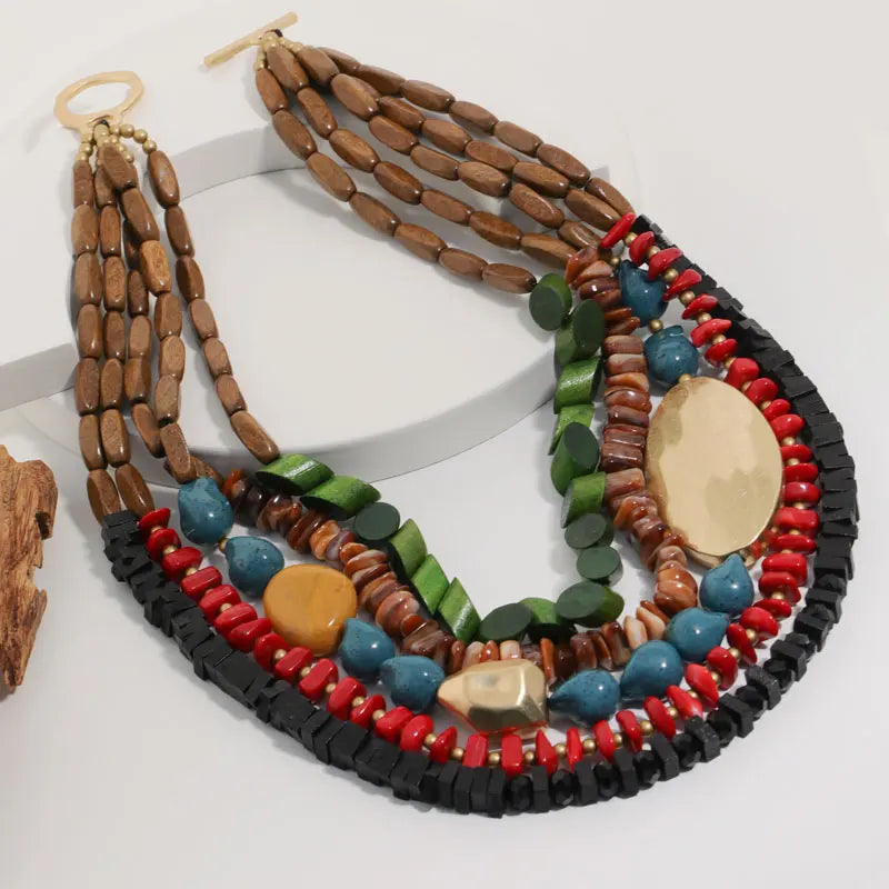 Collier Statement Bohème Ethnique Multicolore en Bois