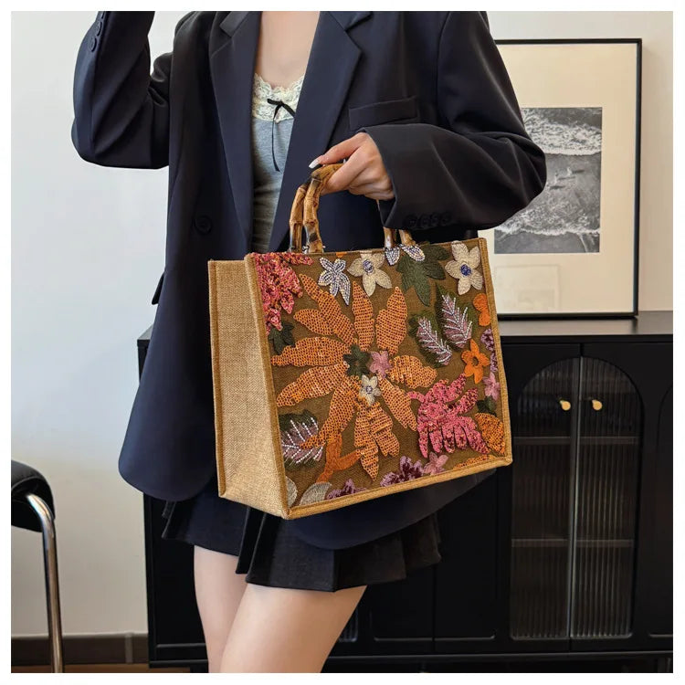 Sac Cabas Brodé aux Sequins et Motifs Floraux