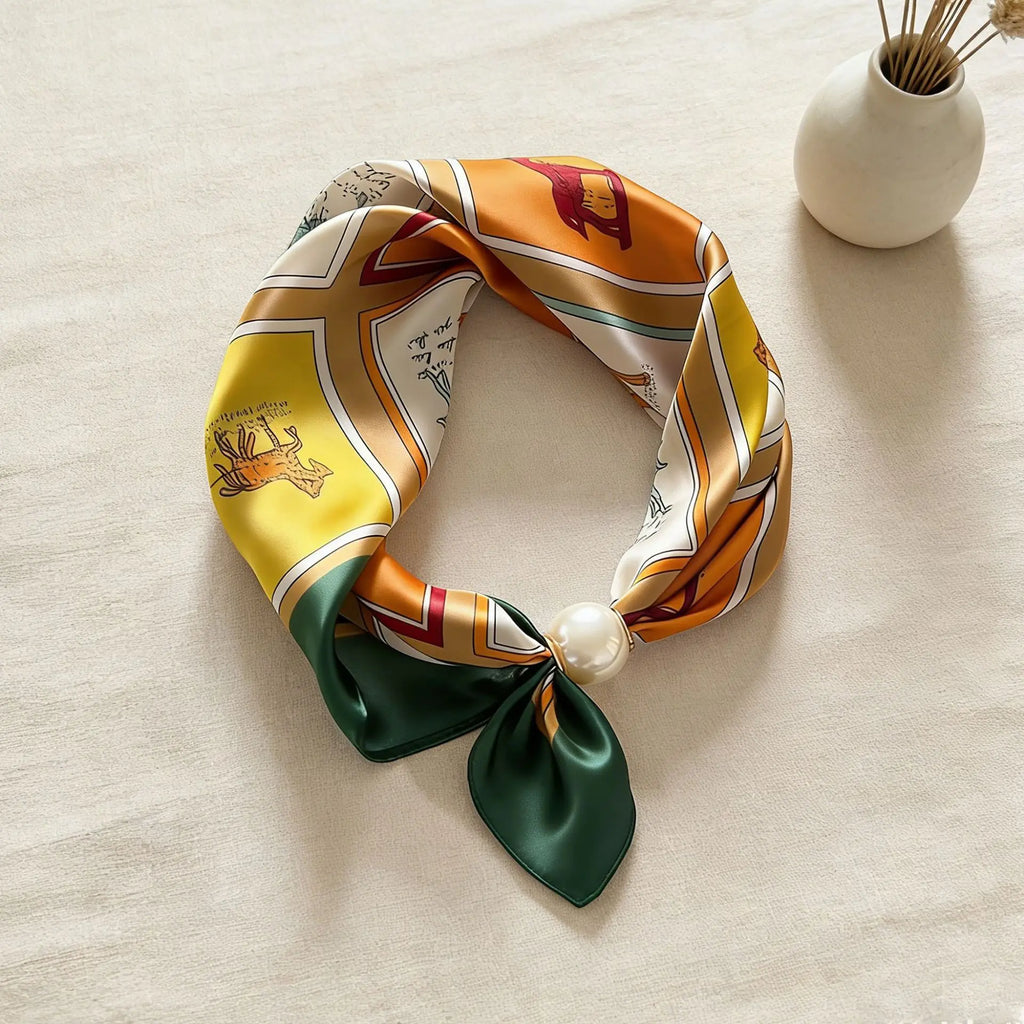 Foulard Carré Imprimé avec Anneau Perlé