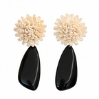 Boucles d’Oreilles Vintage Françaises avec Fleur Artisanale et Goutte Noire