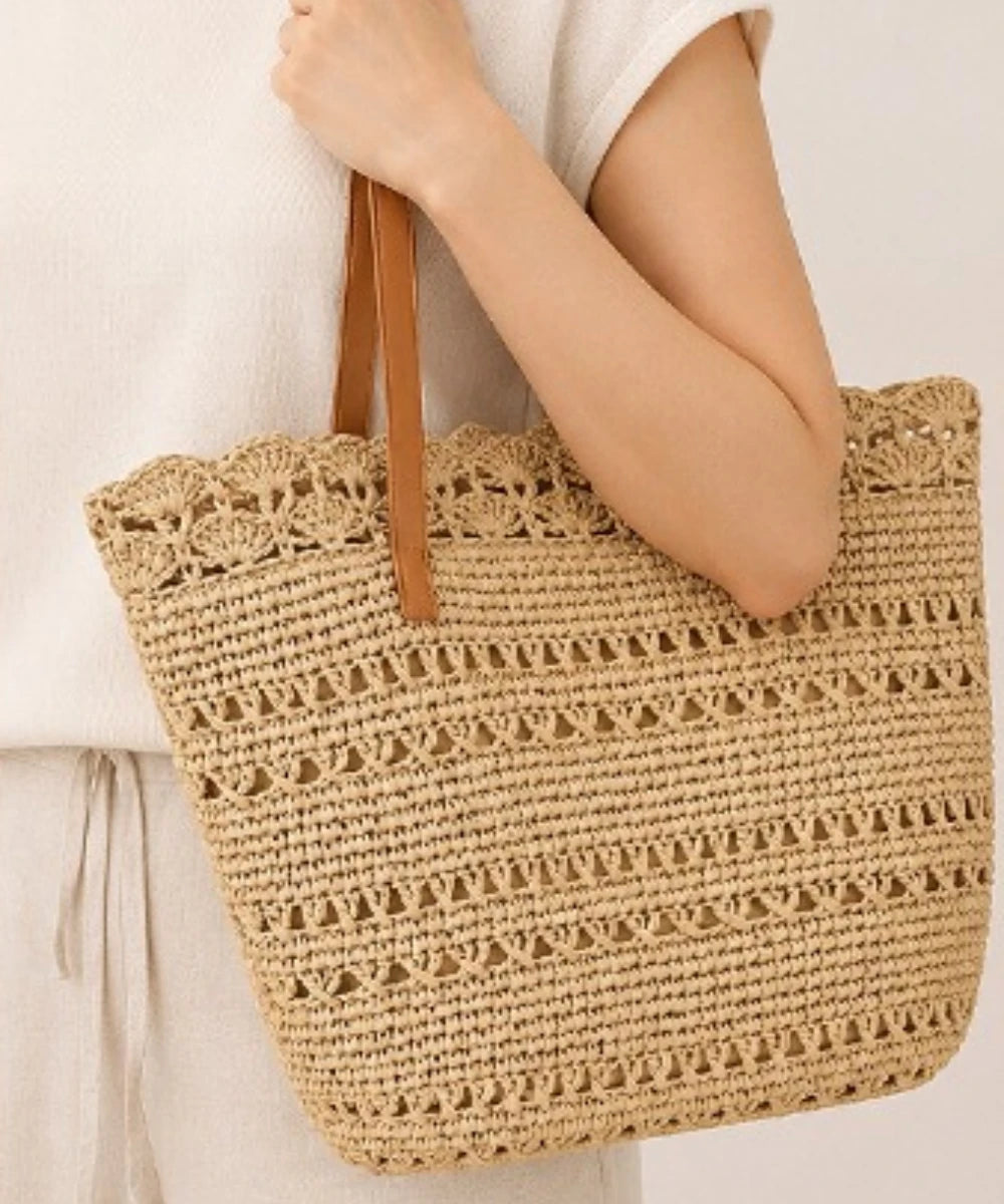 Sac Cabas Tressé Beige à Épaules