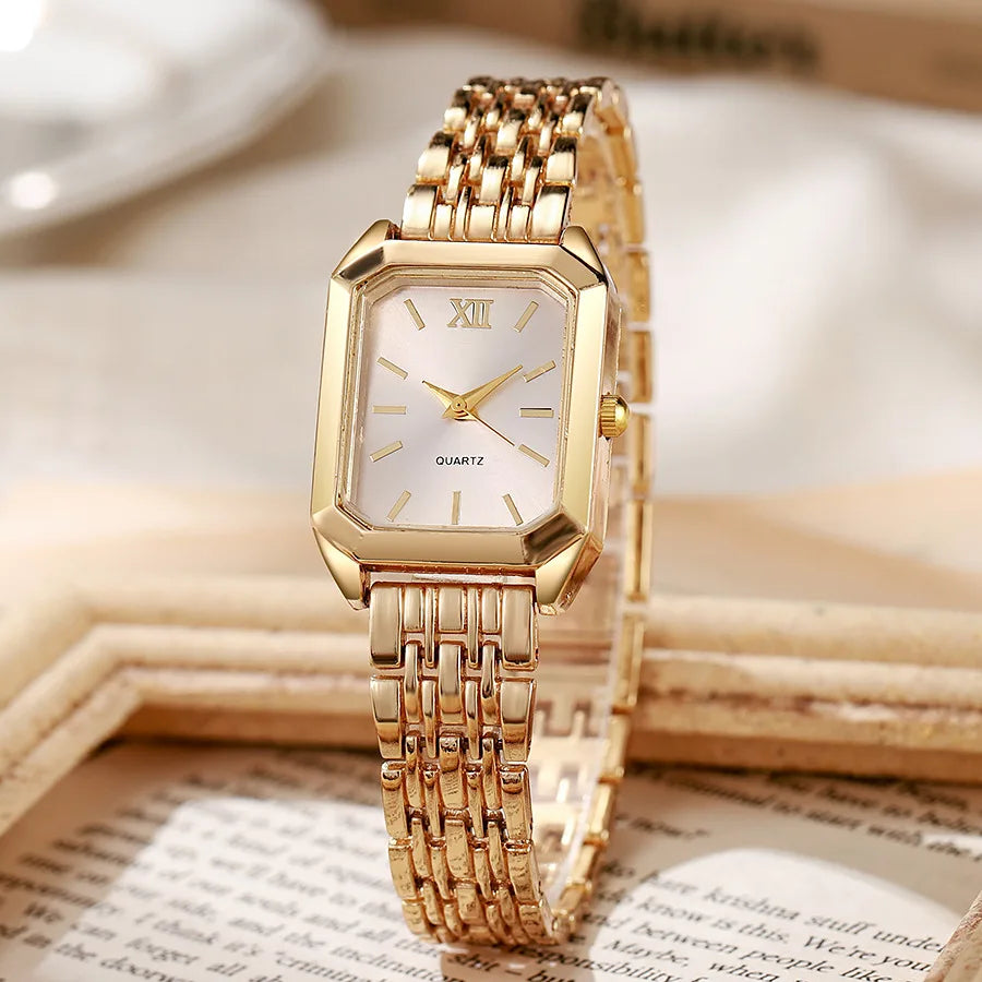 Montre Femme Rectangulaire Dorée avec Cadran Coloré
