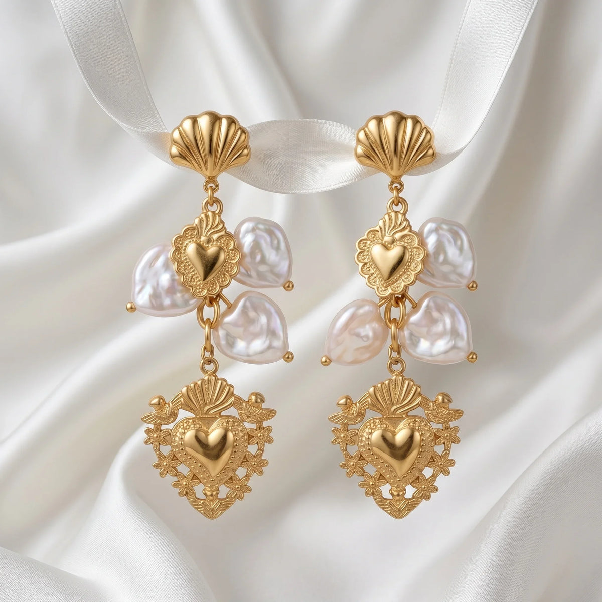 Boucles d’Oreilles Dorées aux Perles Baroques et Cœurs