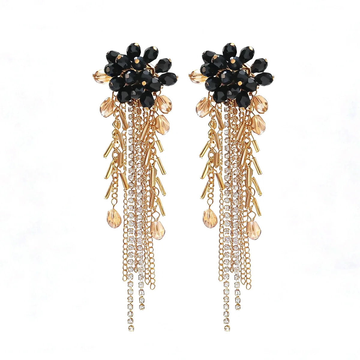 Boucles d’Oreilles Cascade Dorée aux Cristaux Bleus et Franges