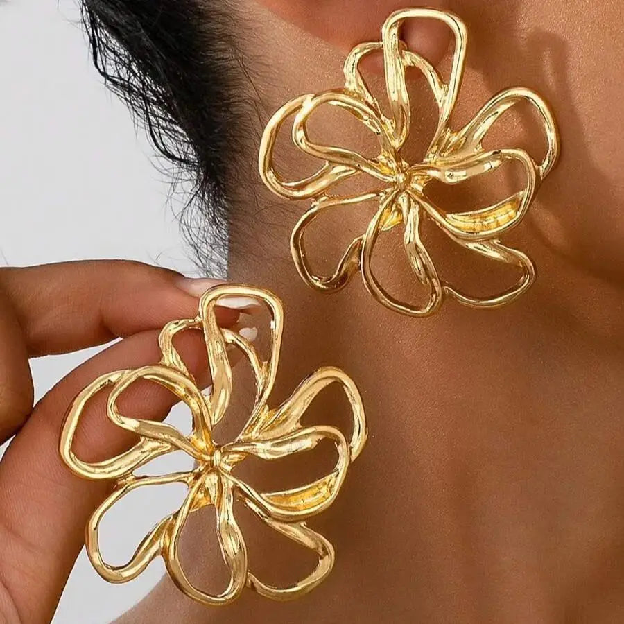 Boucles d’Oreilles Maxi Fleur Ajourée Dorée