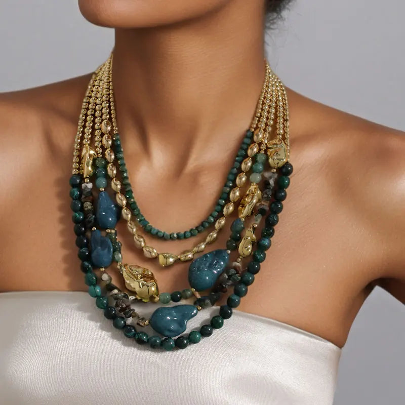 Collier Bohème Multirangs Pierres Vertes | By Mireva