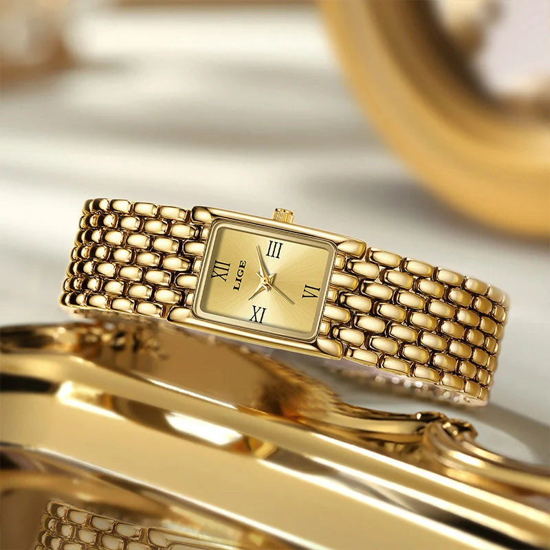 Montre Femme Rectangulaire Dorée en Acier Inoxydable
